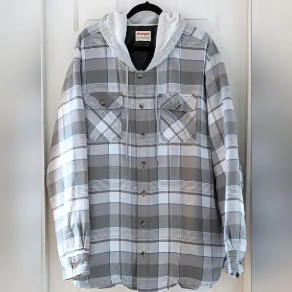 Wrangler Authentic Men's Lined Flannel Jacket Long Sleeve Hooded Gray Plaid, 3XL - Picture 4 of 6
